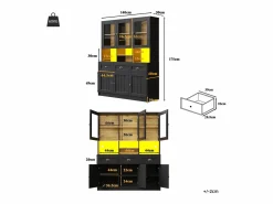 ModernLuxe Buffet de cocina moderno 140x40x175cm - 6 puertas + 3 cajones + 9 estantes - mueble alto - con iluminación LED -