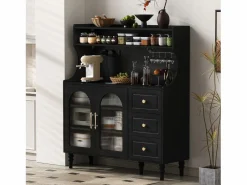Best Buffet de cocina moderno 120x40x138.5cm - con toma de corriente y portacopas de vino - con 3 cajones y 2 puertas - Negro Aparador De Cocina