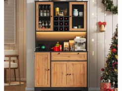 Hot ModernLuxe Buffet de cocina moderno 100x40x180cm - con toma de corriente y LED - con 1 cajón y 5 puertas - con estante para especias - Natural Color natural claro