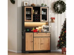 Hot ModernLuxe Buffet de cocina moderno 100x40x180cm - con toma de corriente y LED - con 1 cajón y 5 puertas - con estante para especias - Natural Color natural claro