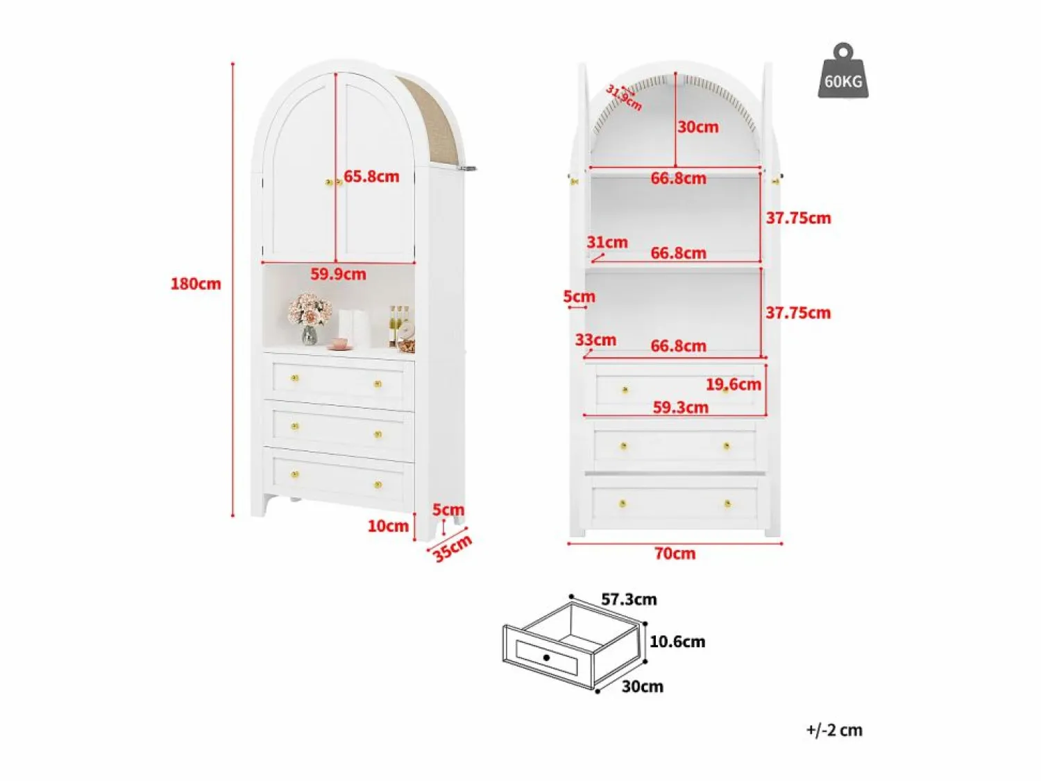 Buffet de cocina 70x35x180 cm - 2 puertas y 3 cajones - superficie arqueada - Aparador De Cocina