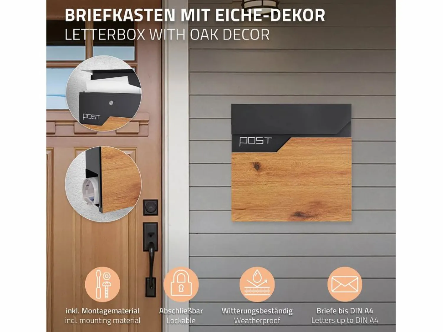 ML-DESIGN Buzón correo exterior antracita aspecto madera compartimento periodico 37x37 cm Gris antracita