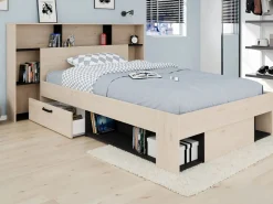 Vente-unique Cabecero con compartimentos 140 cm - Color: natural y negro - KINSELIA