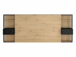 New Vente-unique Cabecero con mesitas de noche y almacenaje, 160 cm, roble y negro. MISTA Color natural claro