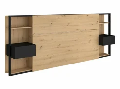 New Vente-unique Cabecero con mesitas de noche y almacenaje, 160 cm, roble y negro. MISTA Color natural claro
