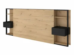 New Vente-unique Cabecero con mesitas de noche y almacenaje, 160 cm, roble y negro. MISTA Color natural claro