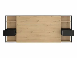 New Vente-unique Cabecero con mesitas de noche y almacenaje, 160 cm, roble y negro. MISTA Color natural claro