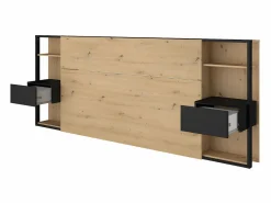 New Vente-unique Cabecero con mesitas de noche y almacenaje, 160 cm, roble y negro. MISTA Color natural claro
