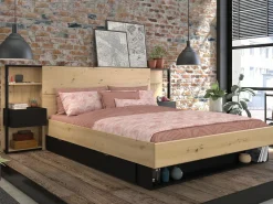 New Vente-unique Cabecero con mesitas de noche y almacenaje, 160 cm, roble y negro. MISTA Color natural claro
