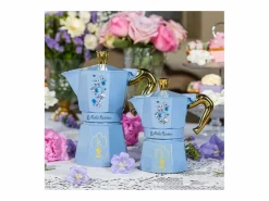 Bialetti Cafetera Italiana Moka Express Birdgerton 6 Tazas 250ml Azul Floral con Asa Dorada