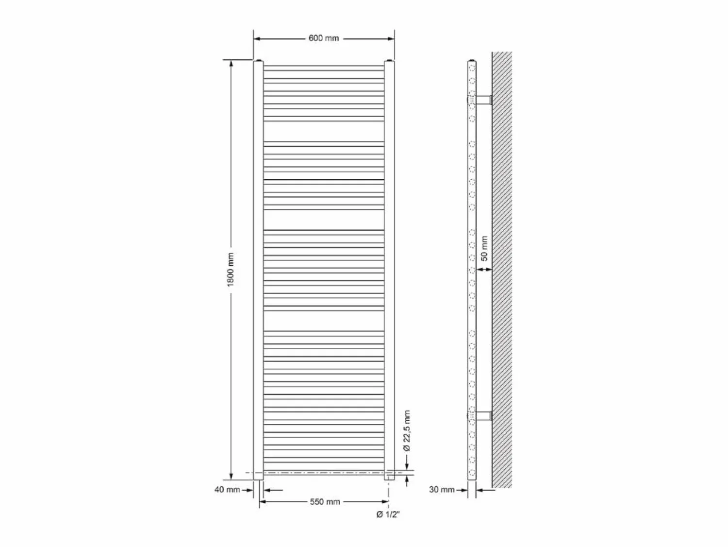 LuxeBath Calentador de toallas Sahara Design, 600 x 1800 mm, , conexión lateral, forma recta