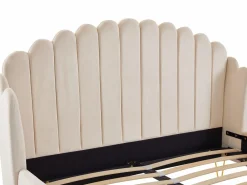 Vente-unique Cama 140 x 190 cm con cabecero ondeado en terciopelo - SAGALI Beige