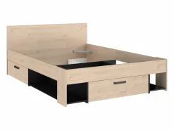 Sale Vente-unique Cama 140 x 190/200 cm con cabecero en natural y negro + somier + colchón - KINSELIA Negro / Color natural claro