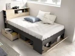 Discount Vente-unique Cama 120 x 190 cm con cabecero con compartimentos en natural y antracita + somier - LEANDRE Gris antracita / Color natural claro