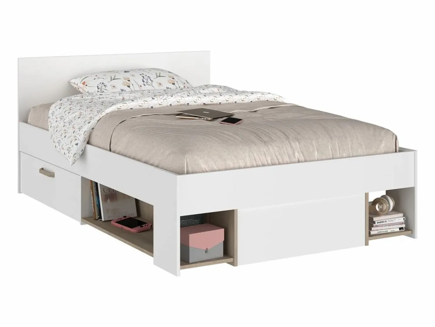 Clearance Vente-unique Cama 120 x 190 cm con compartimentos color blanco y natural + somier + colchón - KINSELIA Color natural claro / Blanco