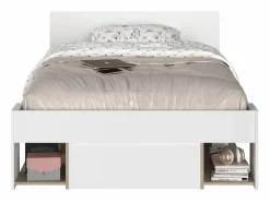 Clearance Vente-unique Cama 120 x 190 cm con compartimentos color blanco y natural + somier + colchón - KINSELIA Color natural claro / Blanco