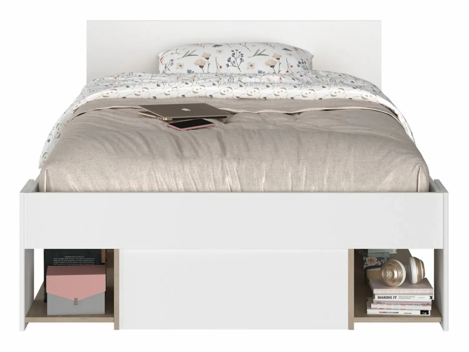 Clearance Vente-unique Cama 120 x 190 cm con compartimentos color blanco y natural + somier + colchón - KINSELIA Color natural claro / Blanco