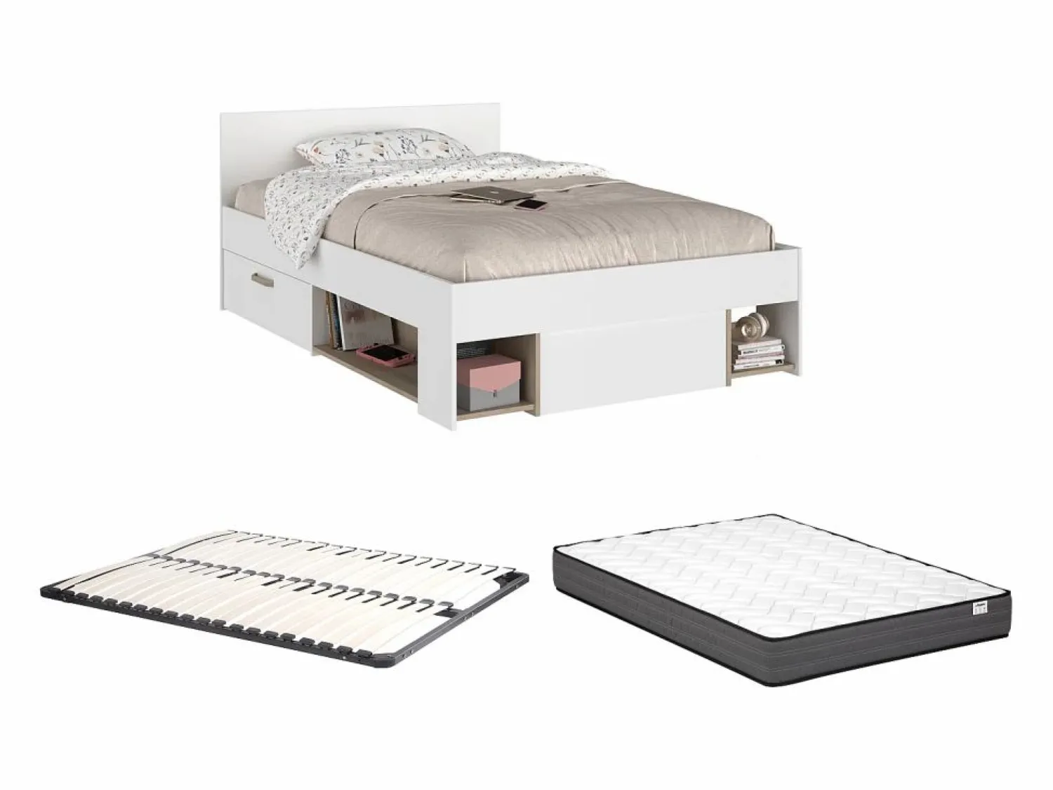 Clearance Vente-unique Cama 120 x 190 cm con compartimentos color blanco y natural + somier + colchón - KINSELIA Color natural claro / Blanco