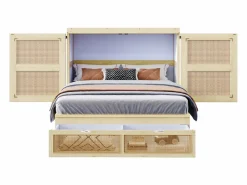 ModernLuxe Cama abatible 140 x 200 cm - con 2 cajones - con somier de láminas - natural​ (colchón no incluido)