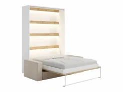 Vente-unique Cama abatible 140 x 190 cm apertura vertical leds blanco y natural + sofá - RAPILI Color natural claro / Blanco