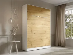 Discount Vente-unique Cama abatible 140 x 200 cm apertura vertical con leds blanco y natural - RAPILI Color natural claro / Blanco