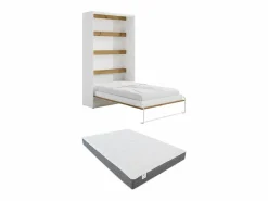 Discount Cama abatible 120 x 200 cm apertura vertical leds blanco y natural + colchón - RAPILI Cama Abatible