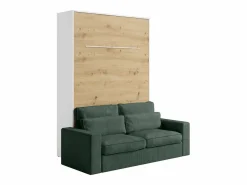 Hot Vente-unique Cama abatible 140 x 200 cm con leds blanco y natural + colchón + sofá verde - RAPILI Verde pino / Color natural claro / Blanco