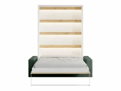 Hot Vente-unique Cama abatible 140 x 200 cm con leds blanco y natural + colchón + sofá verde - RAPILI Verde pino / Color natural claro / Blanco