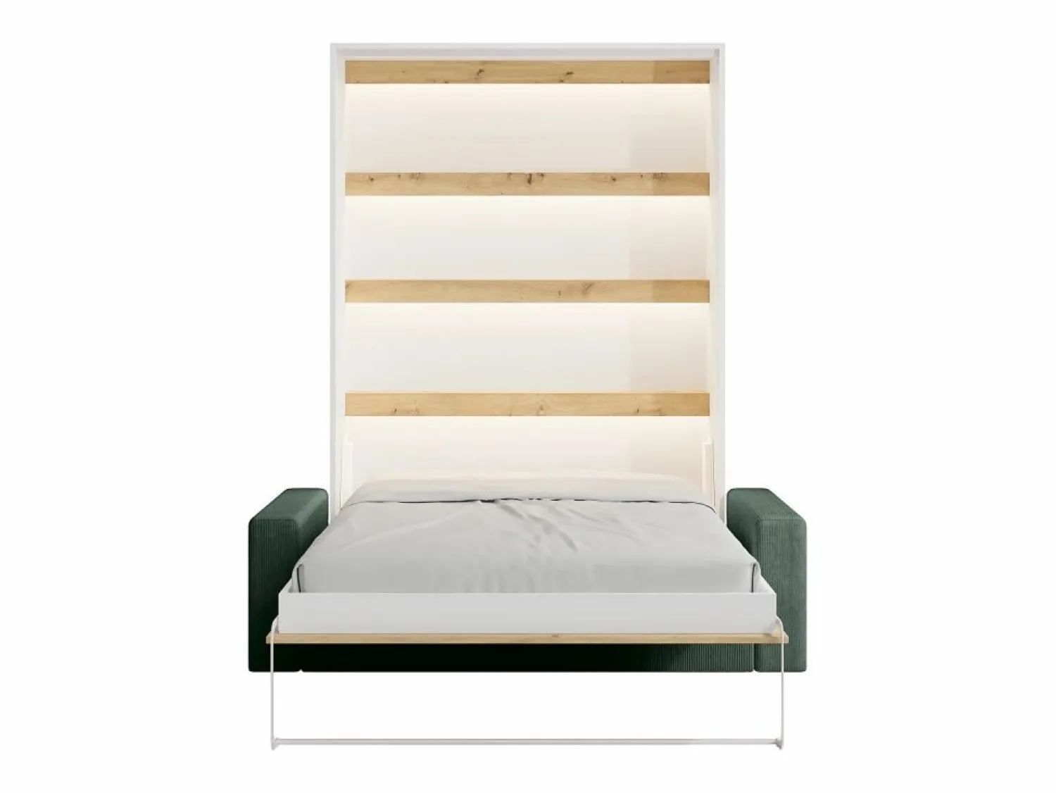 Hot Vente-unique Cama abatible 140 x 200 cm con leds blanco y natural + colchón + sofá verde - RAPILI Verde pino / Color natural claro / Blanco