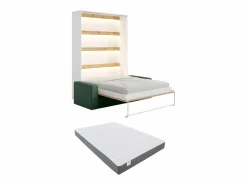 Hot Vente-unique Cama abatible 140 x 200 cm con leds blanco y natural + colchón + sofá verde - RAPILI Verde pino / Color natural claro / Blanco