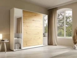 Vente-unique Cama abatible vertical 140 x 200 cm blanco y natural 2 armarios con espejo - RAPILI