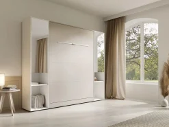 Vente-unique Cama abatible vertical 140 x 200 cm beige 2 armarios + espejo + colchón - RAPILI