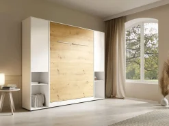 Cama abatible vertical 160 x 200 cm blanco y natural 2 armarios - RAPILI Cama Abatible