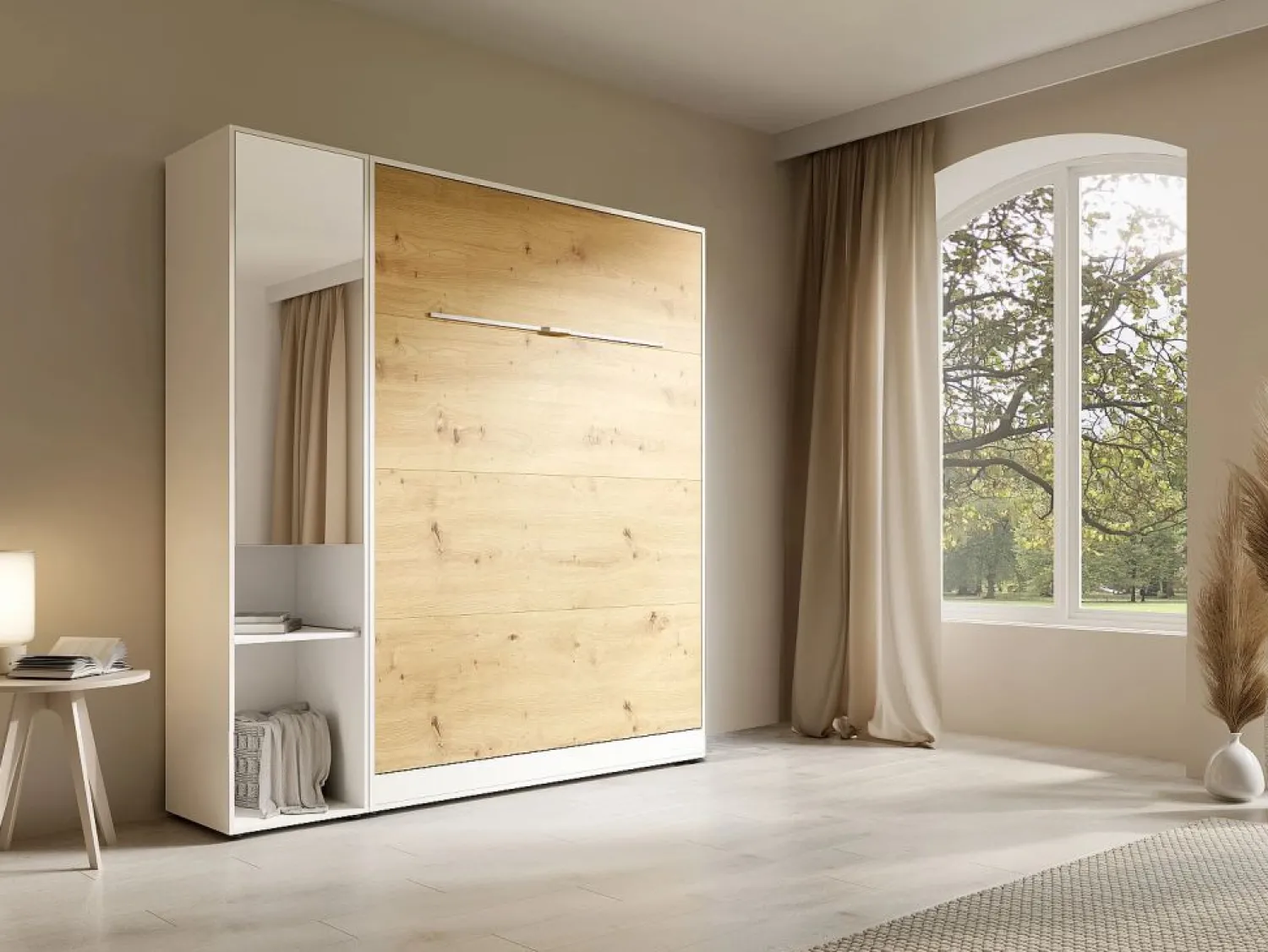 Outlet Cama abatible vertical 140 x 200 cm blanco y natural 1 armario con espejo - RAPILI Cama Abatible