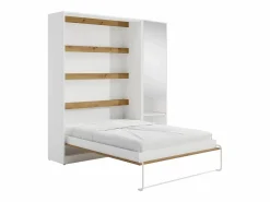 Outlet Cama abatible vertical 140 x 200 cm blanco y natural 1 armario con espejo - RAPILI Cama Abatible