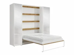 Vente-unique Cama abatible vertical 140 x 200 cm blanco y natural 2 armarios + espejo + colchón - RAPILI