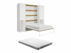 Vente-unique Cama abatible vertical 140 x 200 cm blanca y natural 2 armarios + colchón - RAPILI