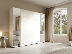Outlet Vente-unique Cama abatible vertical 140 x 200 cm blanca 2 armarios con espejo - RAPILI Blanco