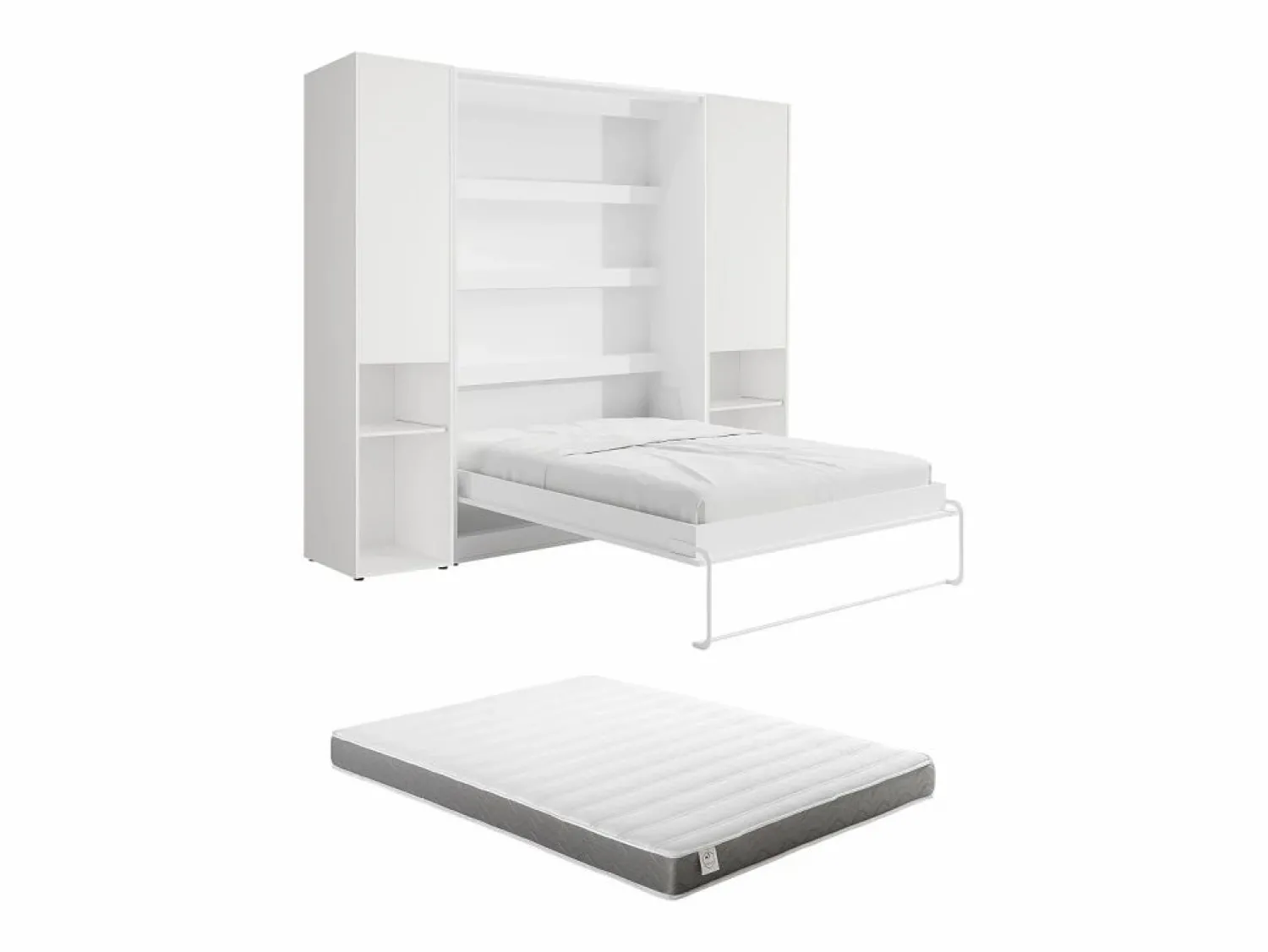 Clearance Vente-unique Cama abatible vertical 140 x 200 cm 2 armarios + colchón - RAPILI Blanco
