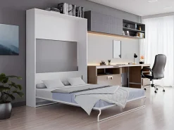 Vente-unique Cama abatible vertical de 160 x 200 cm gris y blanco con colchón - MALINA II Gris / Blanco