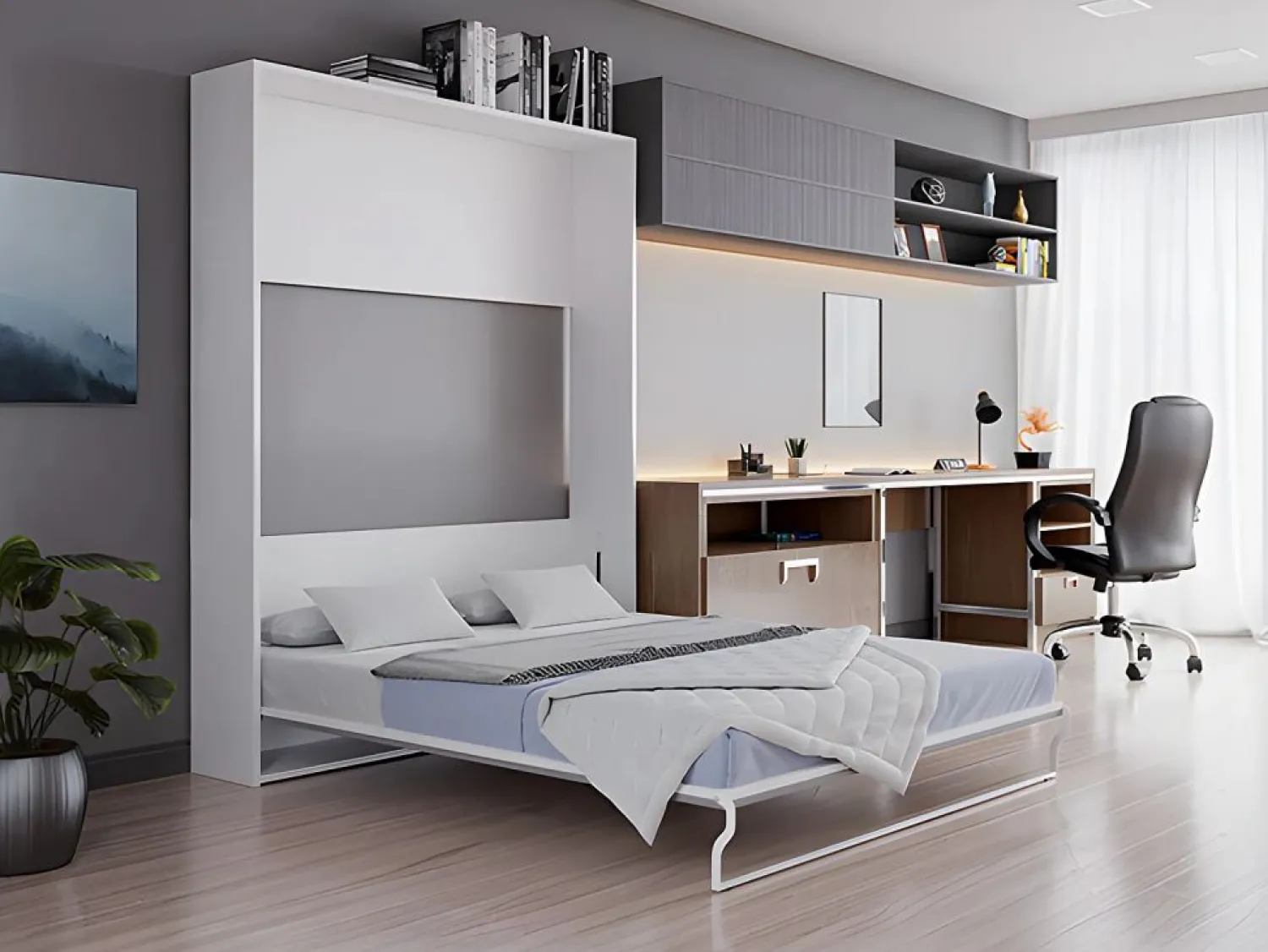 Vente-unique Cama abatible vertical de 160 x 200 cm gris y blanco con colchón - MALINA II Gris / Blanco