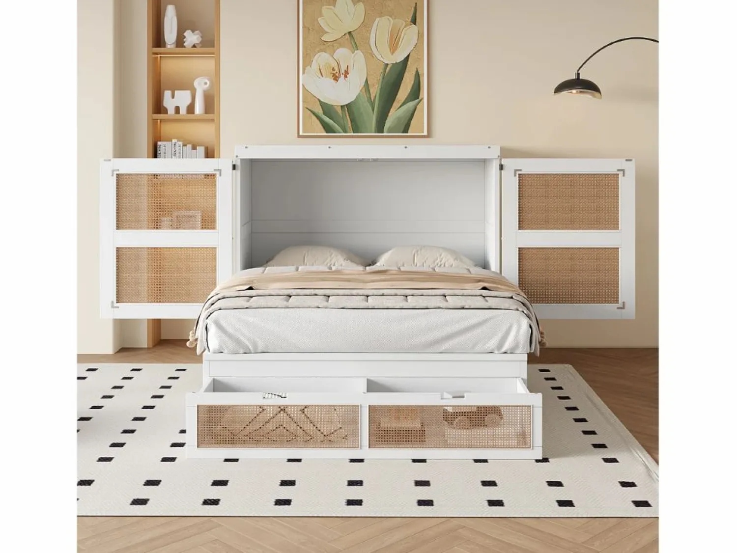 Outlet Cama abatible 140x200 cm - con cajones - en madera maciza - con somier de láminas - (colchón no incluido) Cama Abatible