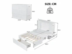 New DripeX Cama abatible 140x200 cm - Con cajones y 2 estantes - Pino + MDF - Carga máx. 204 kg - Blanco