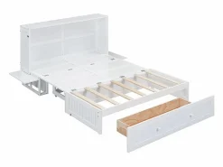 New DripeX Cama abatible 140x200 cm - Con cajones y 2 estantes - Pino + MDF - Carga máx. 204 kg - Blanco