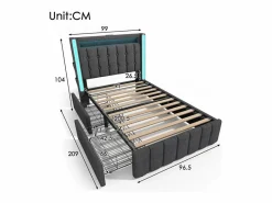 Discount DripeX Cama acolchada 90x200 cm con 2 cajones, LED + Enchufes USB + Type C, Tela de lino - (sin colchón) Gris