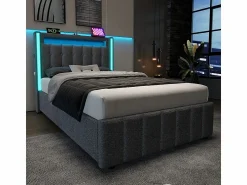 Discount DripeX Cama acolchada 90x200 cm con 2 cajones, LED + Enchufes USB + Type C, Tela de lino - (sin colchón) Gris