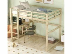 Cama alta - 140 x 200 cm - con escritorio y estantería - pino - color natural Cama Alta