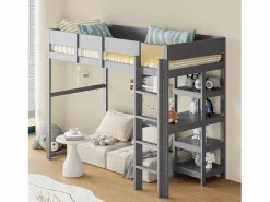 Discount Cama alta 90 x 200 cm - con escalera - con estantes de almacenamiento - madera maciza - con somier de láminas - (colchón no incluido) Cama Alta