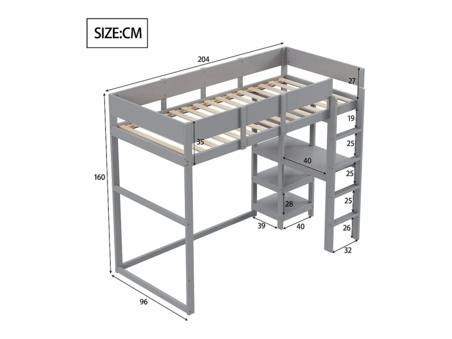 Discount Cama alta 90 x 200 cm - con escalera - con estantes de almacenamiento - madera maciza - con somier de láminas - (colchón no incluido) Cama Alta