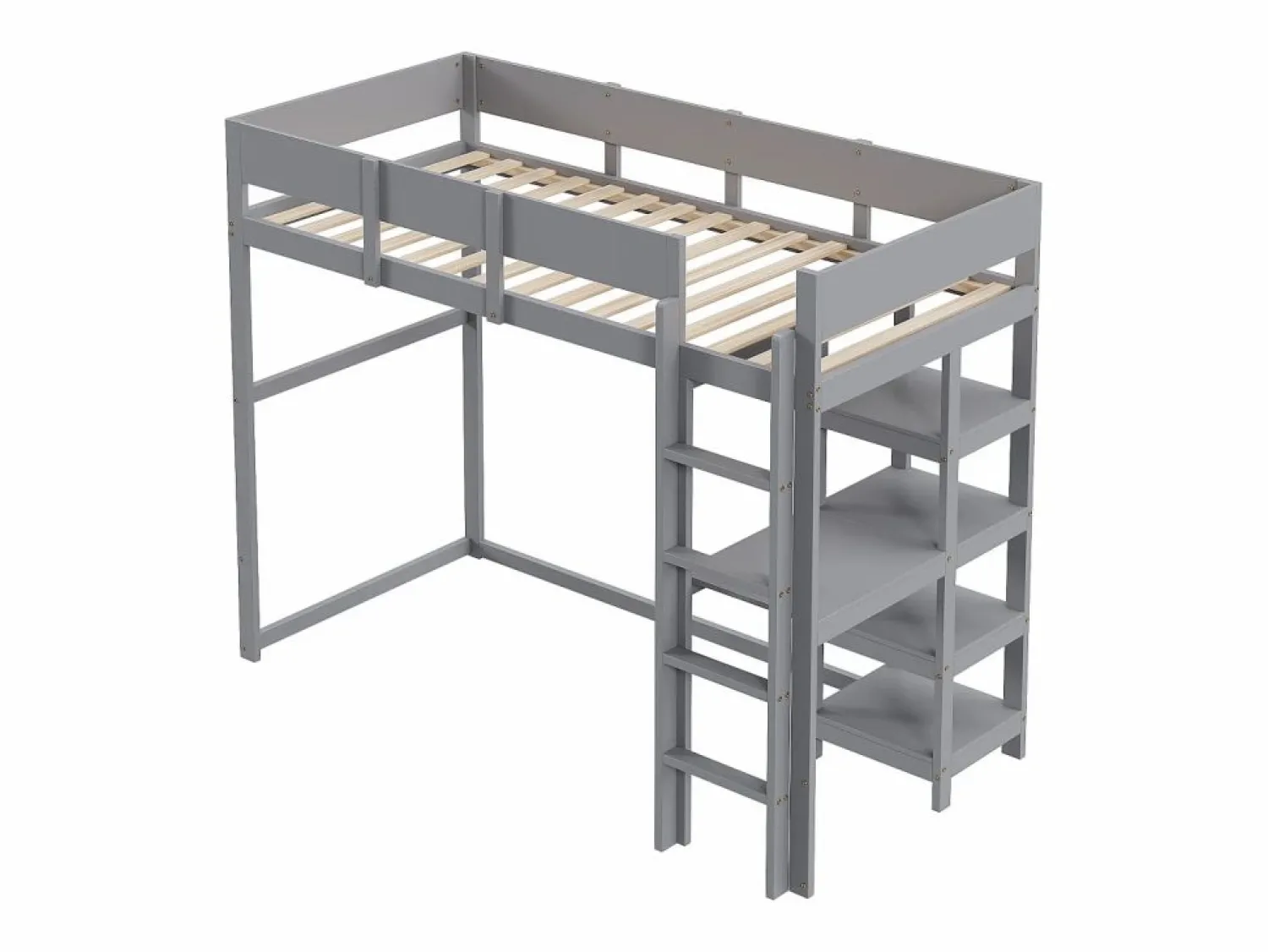 Discount Cama alta 90 x 200 cm - con escalera - con estantes de almacenamiento - madera maciza - con somier de láminas - (colchón no incluido) Cama Alta